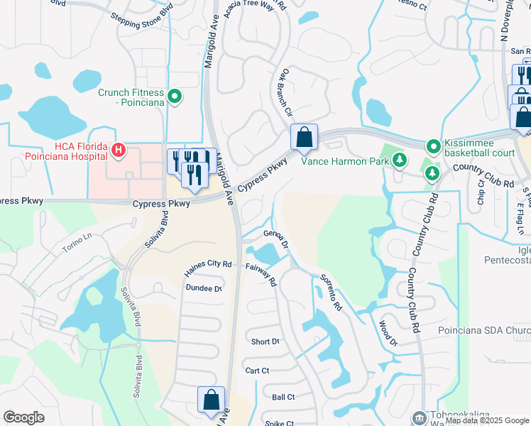 map of restaurants, bars, coffee shops, grocery stores, and more near 427 Prestwick Place in Poinciana