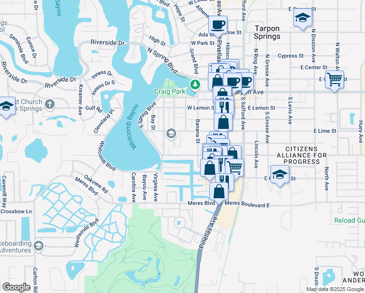 map of restaurants, bars, coffee shops, grocery stores, and more near 221 West Martin Luther King Junior Drive in Tarpon Springs