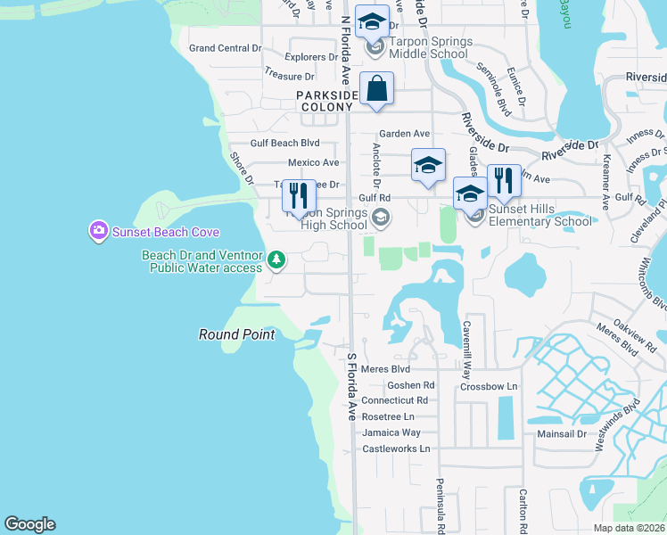 map of restaurants, bars, coffee shops, grocery stores, and more near 1391 Ventnor Avenue in Tarpon Springs