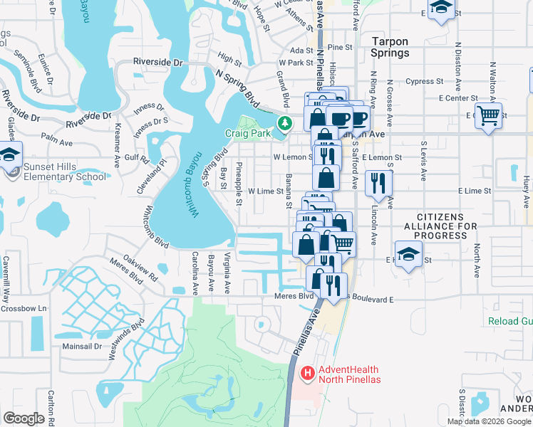 map of restaurants, bars, coffee shops, grocery stores, and more near 463 Bayou-Village Drive in Tarpon Springs