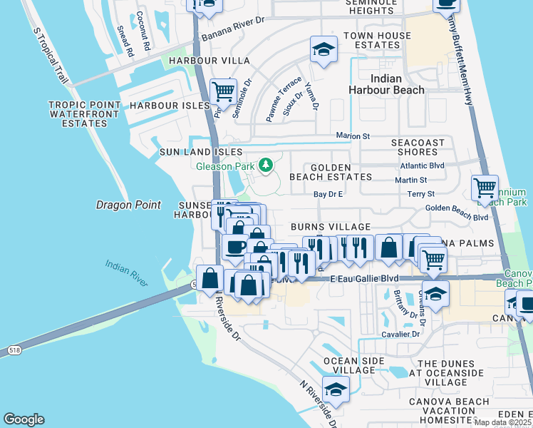 map of restaurants, bars, coffee shops, grocery stores, and more near 1402 Parkside Place in Satellite Beach