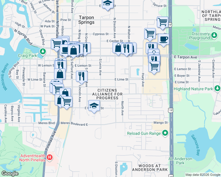 map of restaurants, bars, coffee shops, grocery stores, and more near 534 East Oakwood Street in Tarpon Springs