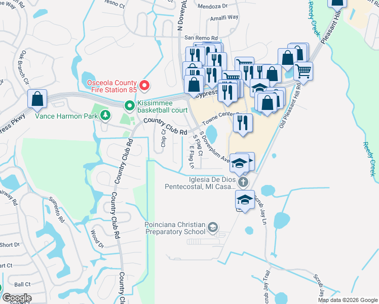 map of restaurants, bars, coffee shops, grocery stores, and more near 822 East Flag Lane in Kissimmee