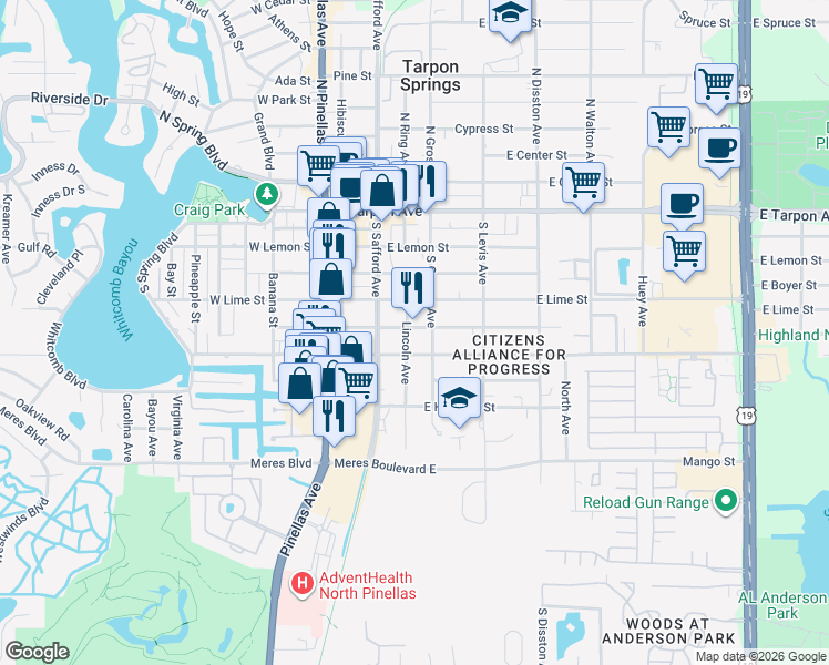 map of restaurants, bars, coffee shops, grocery stores, and more near 301 East Martin Luther King Junior Drive in Tarpon Springs
