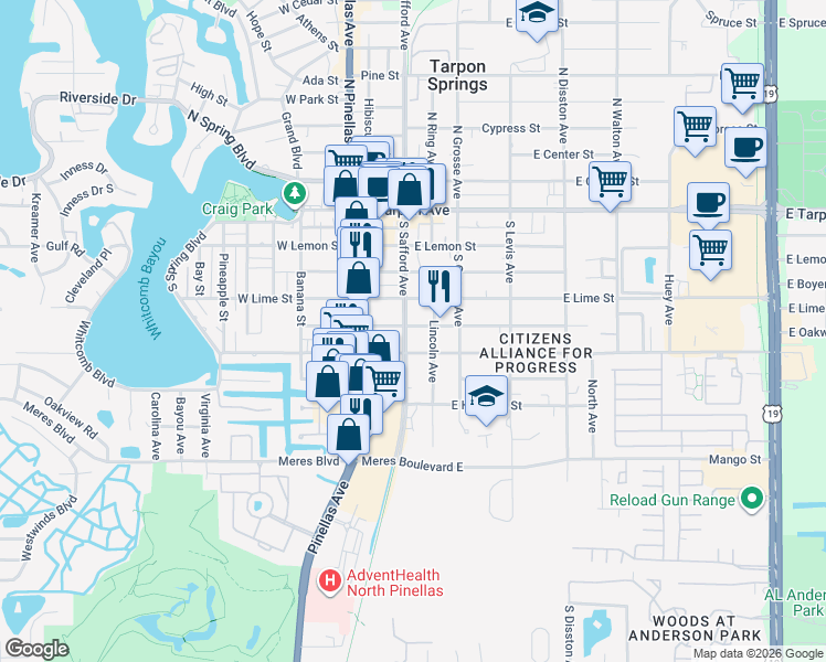 map of restaurants, bars, coffee shops, grocery stores, and more near 107 East Martin Luther King Junior Drive in Tarpon Springs