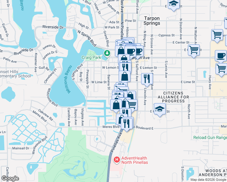 map of restaurants, bars, coffee shops, grocery stores, and more near 38 West Martin Luther King Junior Drive in Tarpon Springs