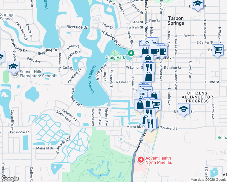 map of restaurants, bars, coffee shops, grocery stores, and more near 499 Kiwi Street in Tarpon Springs