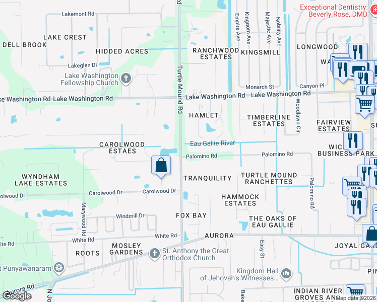 map of restaurants, bars, coffee shops, grocery stores, and more near 3803 Palomino Road in Melbourne
