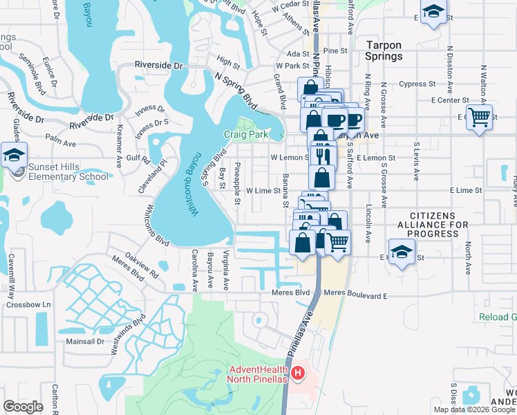map of restaurants, bars, coffee shops, grocery stores, and more near 307 West Lime Street in Tarpon Springs