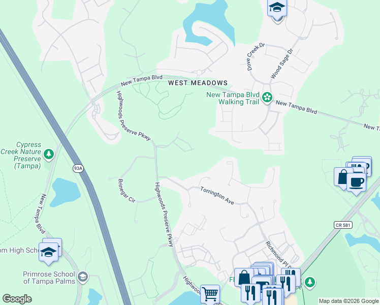 map of restaurants, bars, coffee shops, grocery stores, and more near 8129 Stone Path Way in Tampa