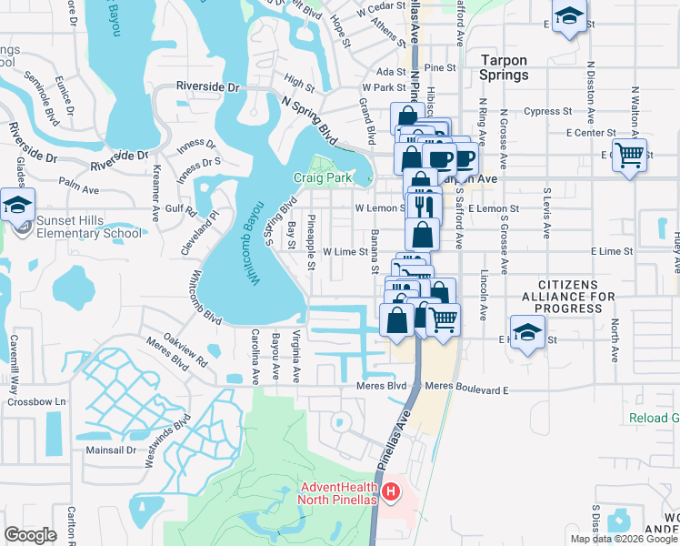 map of restaurants, bars, coffee shops, grocery stores, and more near 307 West Lime Street in Tarpon Springs