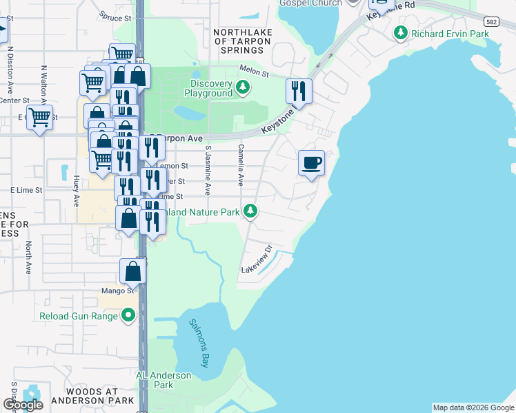 map of restaurants, bars, coffee shops, grocery stores, and more near 435 South Highland Avenue in Tarpon Springs