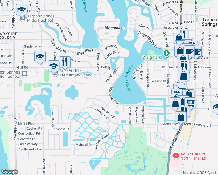 map of restaurants, bars, coffee shops, grocery stores, and more near in Tarpon Springs