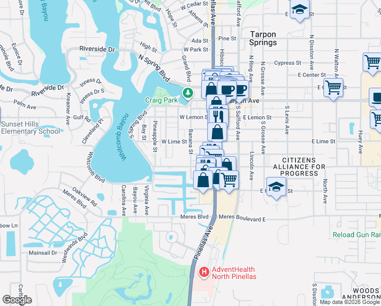 map of restaurants, bars, coffee shops, grocery stores, and more near 45 West Lime Street in Tarpon Springs