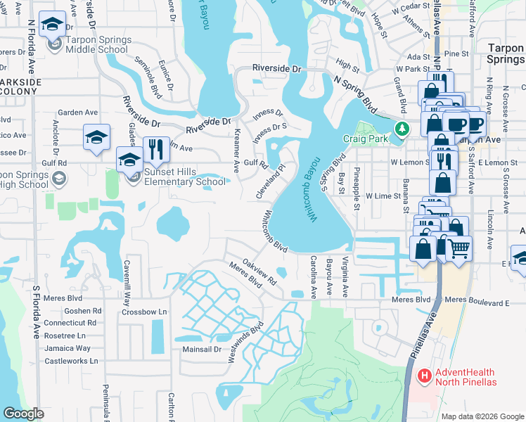 map of restaurants, bars, coffee shops, grocery stores, and more near 302 Whitcomb Boulevard in Tarpon Springs