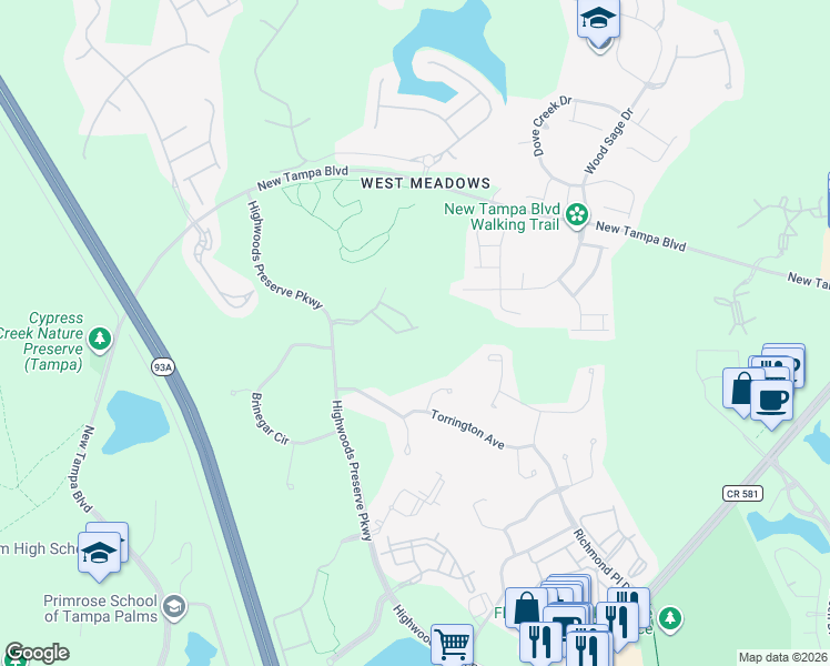 map of restaurants, bars, coffee shops, grocery stores, and more near 8107 Stone Leaf Lane in Tampa