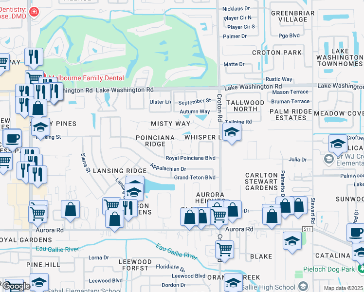 map of restaurants, bars, coffee shops, grocery stores, and more near 2257 Flower Tree Circle in Melbourne