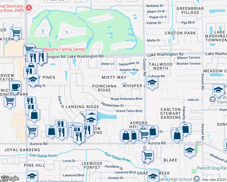 map of restaurants, bars, coffee shops, grocery stores, and more near 2227 Flower Tree Circle in Melbourne