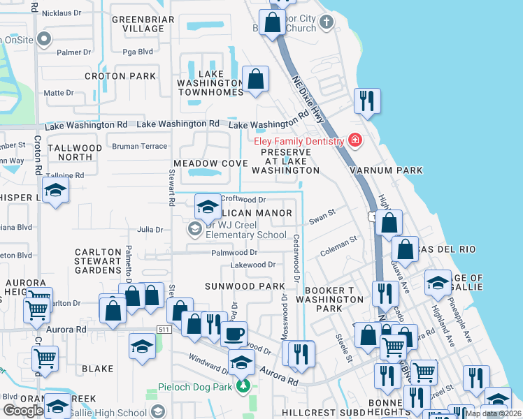 map of restaurants, bars, coffee shops, grocery stores, and more near 1314 Circlewood Drive in Melbourne