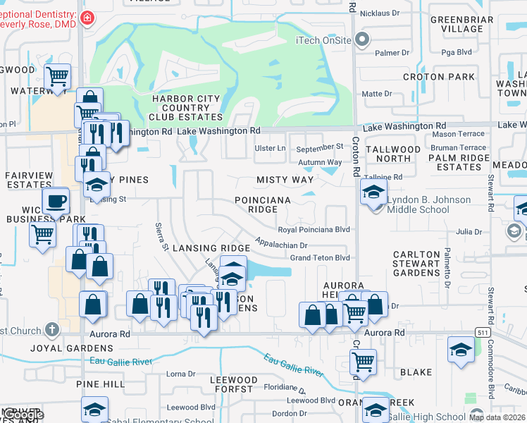 map of restaurants, bars, coffee shops, grocery stores, and more near 2121 Santa Lucia Circle in Melbourne