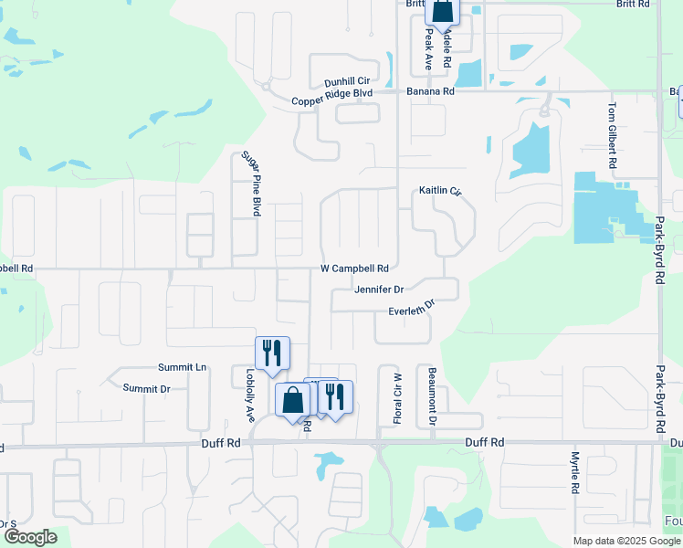 map of restaurants, bars, coffee shops, grocery stores, and more near 2910 West Campbell Road in Lakeland