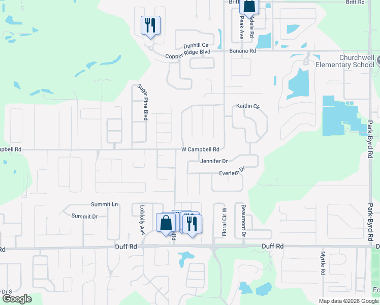 map of restaurants, bars, coffee shops, grocery stores, and more near 2841 West Campbell Road in Lakeland