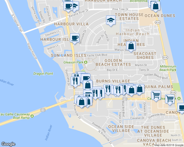 map of restaurants, bars, coffee shops, grocery stores, and more near 1006 Parkside Place in Indian Harbour Beach