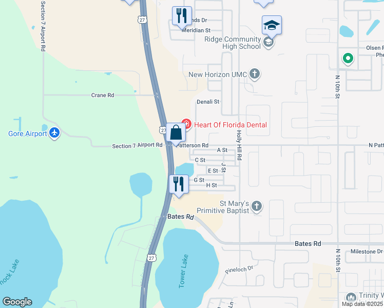 map of restaurants, bars, coffee shops, grocery stores, and more near 280 Patterson Road in Haines City