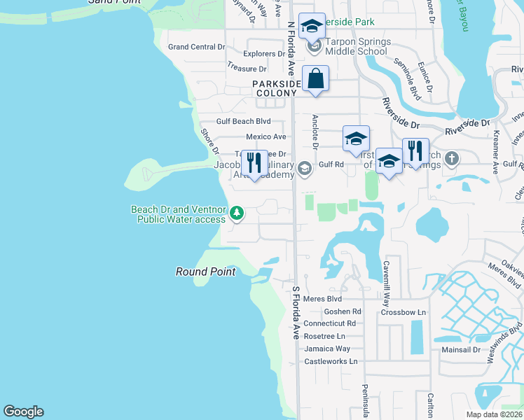 map of restaurants, bars, coffee shops, grocery stores, and more near 1439 Coburn Drive in Tarpon Springs