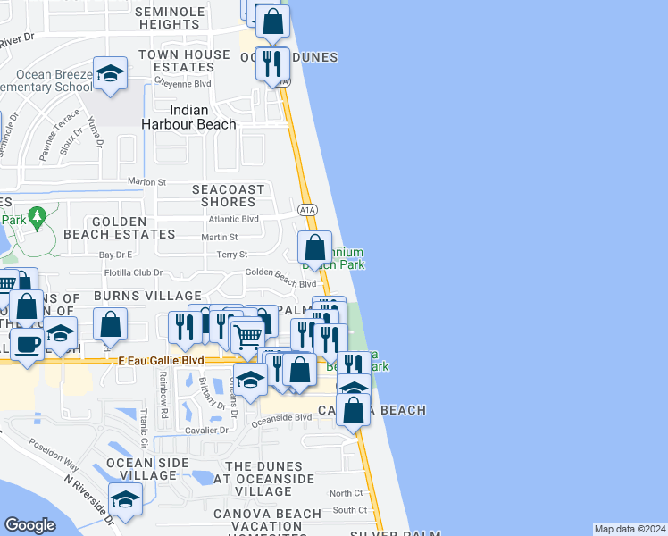 map of restaurants, bars, coffee shops, grocery stores, and more near 2195 Florida A1A in Satellite Beach