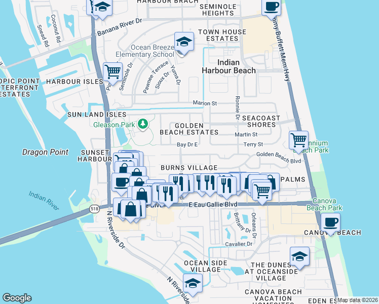 map of restaurants, bars, coffee shops, grocery stores, and more near 1043 Ashley Avenue in Satellite Beach
