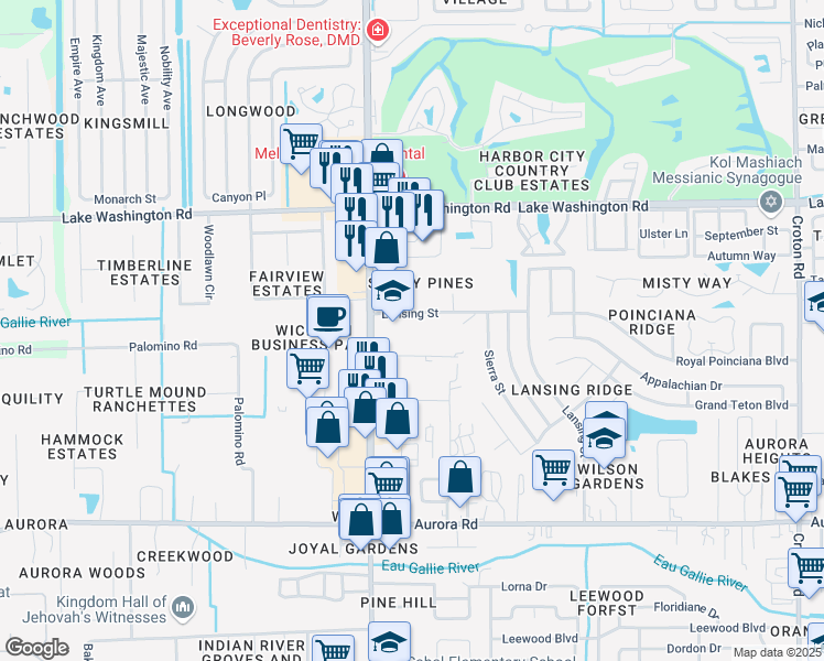 map of restaurants, bars, coffee shops, grocery stores, and more near 2175 North Wickham Road in Melbourne