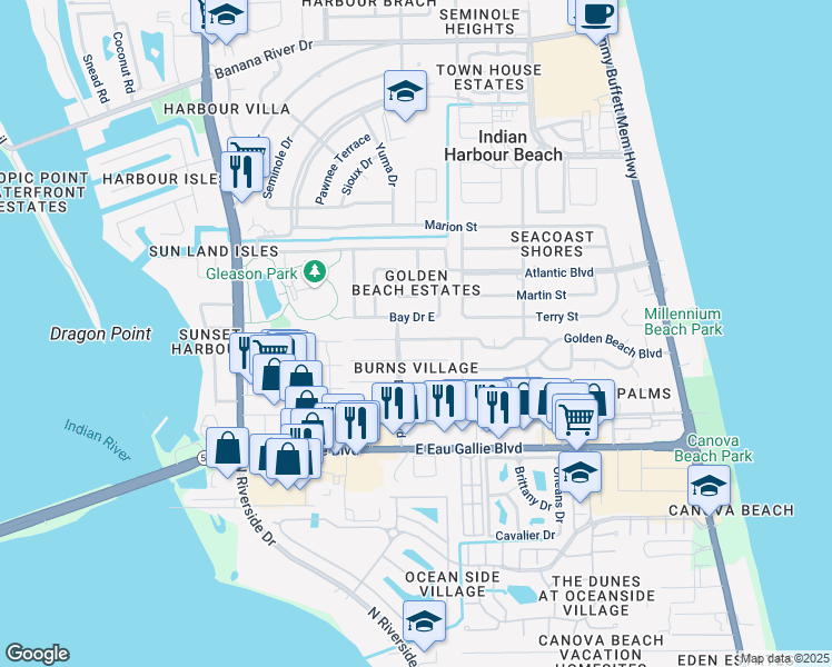 map of restaurants, bars, coffee shops, grocery stores, and more near 1137 Ashley Avenue in Satellite Beach
