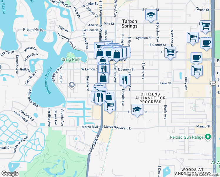 map of restaurants, bars, coffee shops, grocery stores, and more near 132 East Lime Street in Tarpon Springs