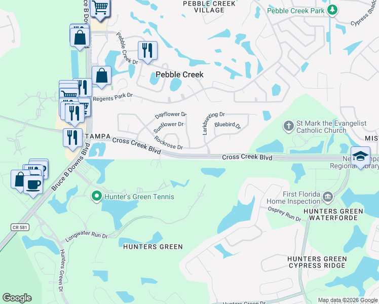 map of restaurants, bars, coffee shops, grocery stores, and more near 9309 Rockrose Drive in Tampa