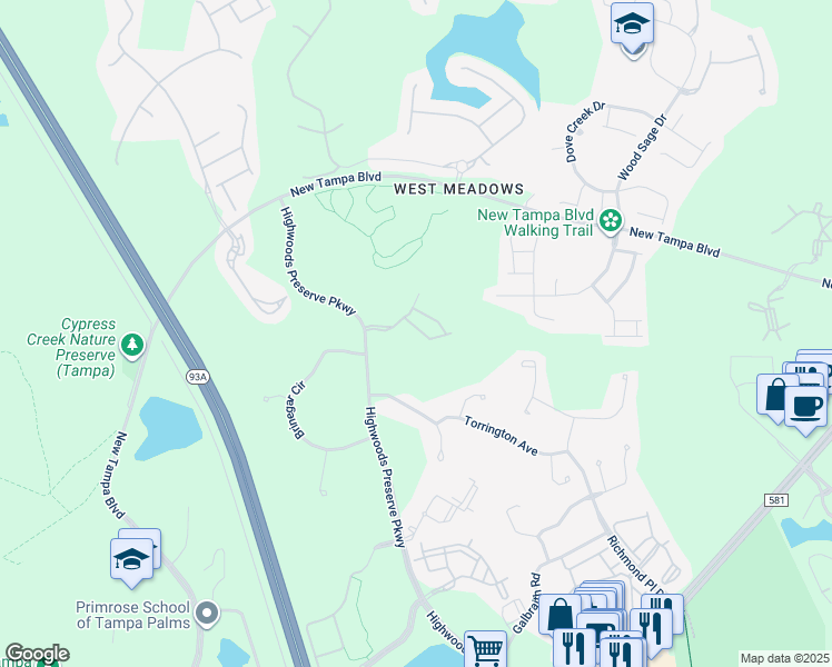 map of restaurants, bars, coffee shops, grocery stores, and more near 8149 Stone Leaf Lane in Tampa