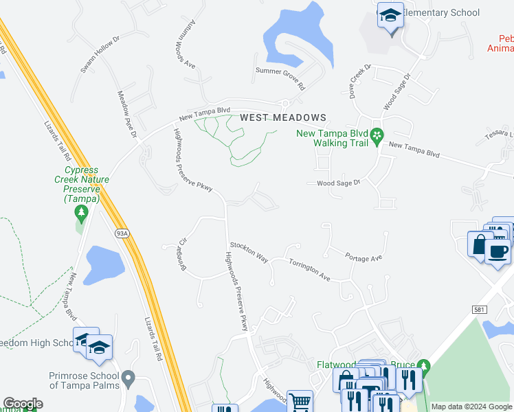 map of restaurants, bars, coffee shops, grocery stores, and more near 8129 Stone Path Way in Tampa