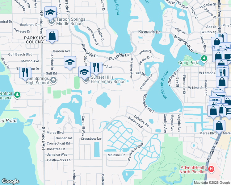 map of restaurants, bars, coffee shops, grocery stores, and more near 1079 Ashland Avenue in Tarpon Springs
