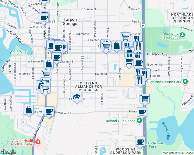 map of restaurants, bars, coffee shops, grocery stores, and more near 606 East Lime Street in Tarpon Springs