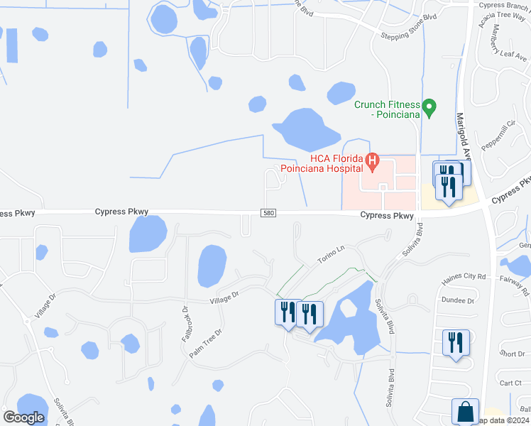 map of restaurants, bars, coffee shops, grocery stores, and more near 2466 Cypress Parkway in Kissimmee