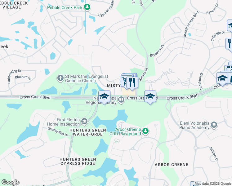 map of restaurants, bars, coffee shops, grocery stores, and more near 18003 Misty Blue Lane in Tampa