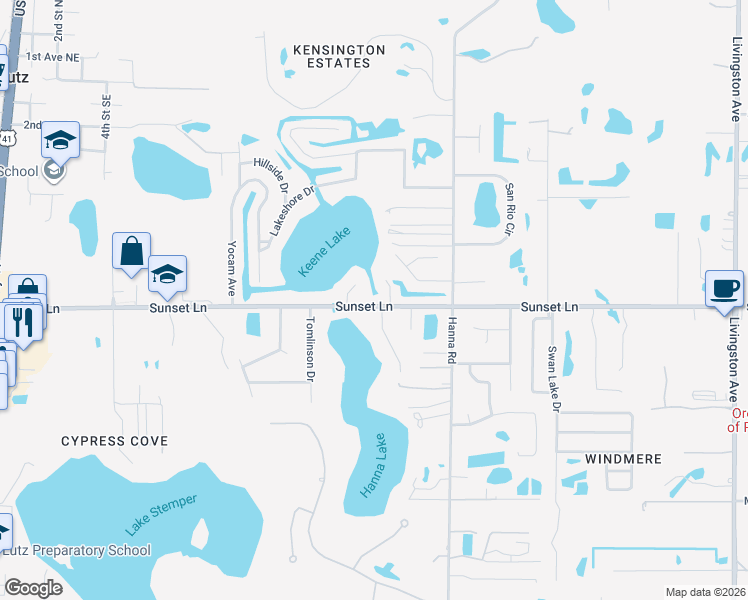 map of restaurants, bars, coffee shops, grocery stores, and more near 1210 Sunset Lane in Lutz