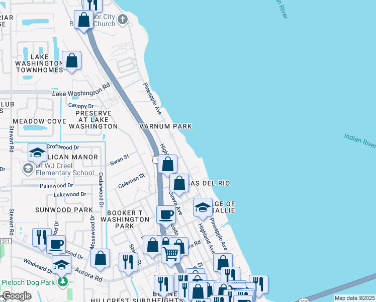 map of restaurants, bars, coffee shops, grocery stores, and more near 2221 Pineapple Avenue in Melbourne