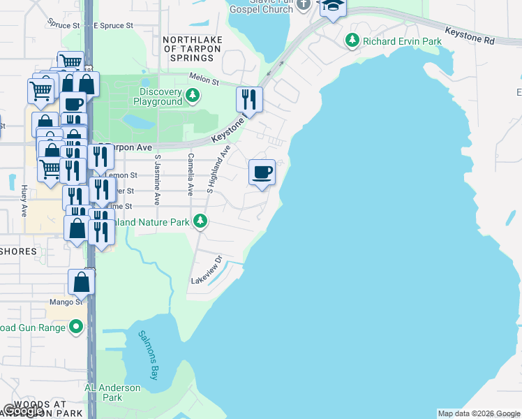 map of restaurants, bars, coffee shops, grocery stores, and more near 303 Lakeview Drive in Tarpon Springs