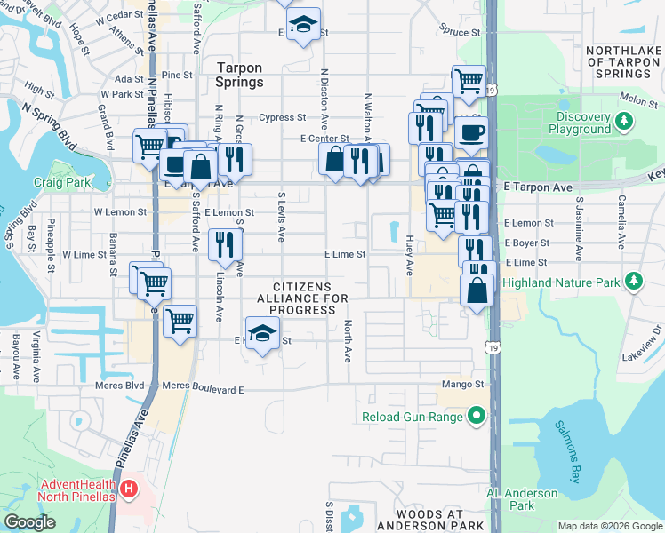 map of restaurants, bars, coffee shops, grocery stores, and more near 606 East Lime Street in Tarpon Springs