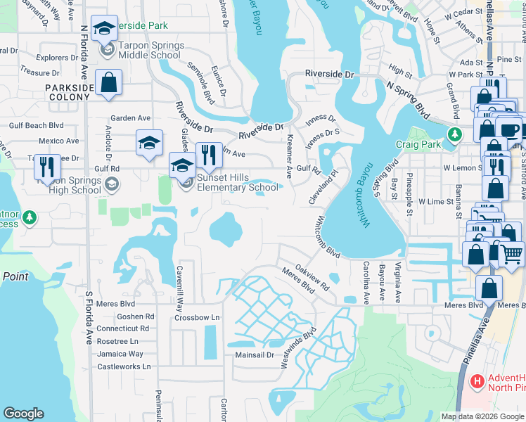 map of restaurants, bars, coffee shops, grocery stores, and more near 1067 Ashland Avenue in Tarpon Springs