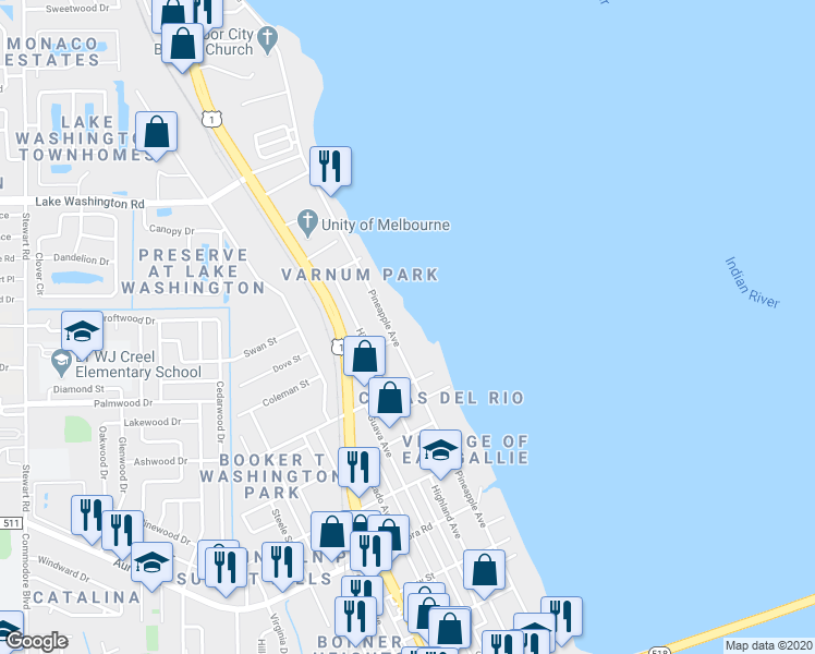 map of restaurants, bars, coffee shops, grocery stores, and more near 2179 Pineapple Avenue in Melbourne