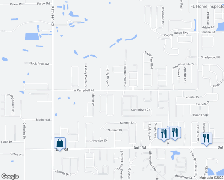 map of restaurants, bars, coffee shops, grocery stores, and more near 3385 West Campbell Road in Lakeland