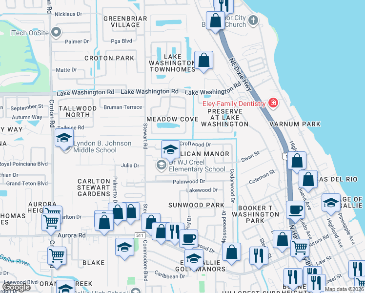 map of restaurants, bars, coffee shops, grocery stores, and more near 1377 Croftwood Drive in Melbourne