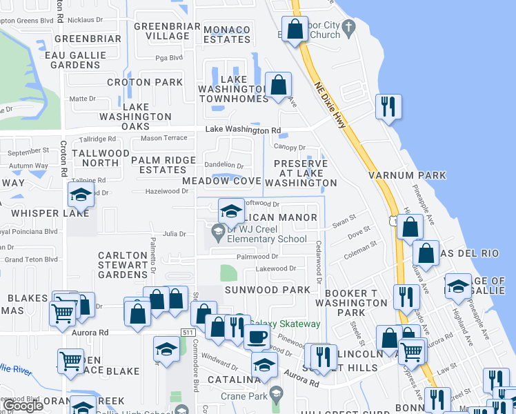 map of restaurants, bars, coffee shops, grocery stores, and more near 1365 Croftwood Drive in Melbourne